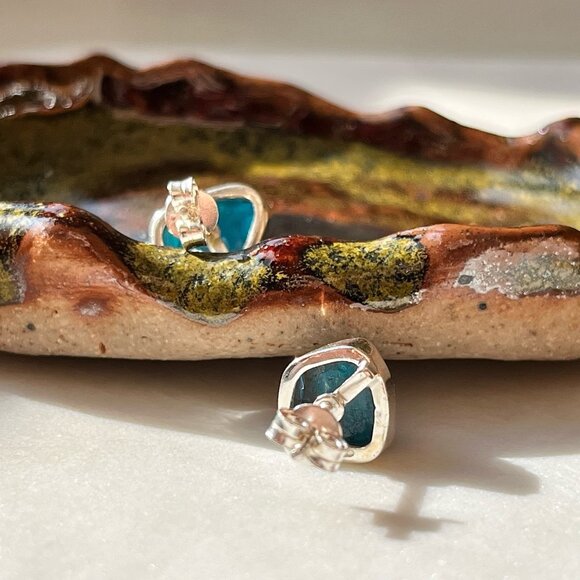 Sterling Silver Raw Sky Apatite Bright Teal Stud Earrings - Picture 3 of 3